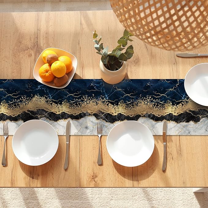 Marble Table Runner 72 Inches Long, Ink Golden Marble Texture Table Runner Dresser Scarves, Rustic Burlap Dining Room Table Decor for Kitchen Wedding Farmhouse Indoor Outdoor Home Party