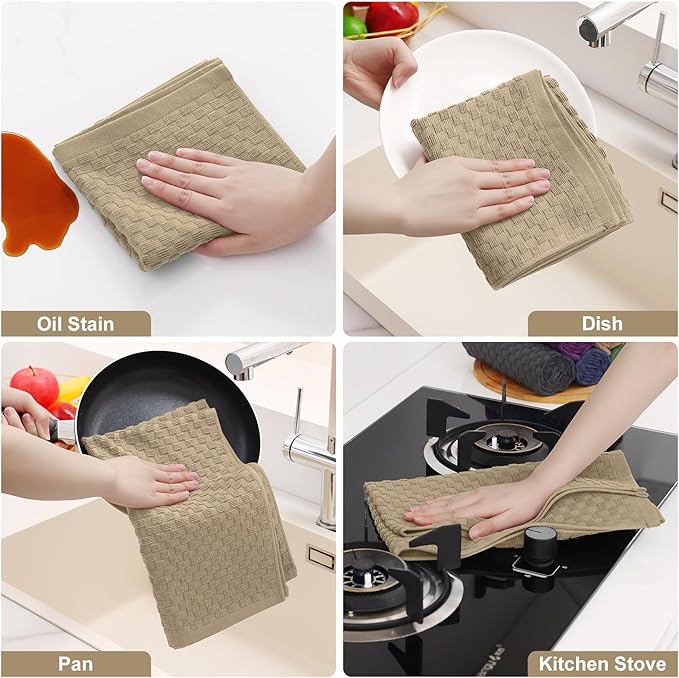 Homaxy 100% Cotton Terry Kitchen Towels(15" x 25", 6 Pack), Soft and Super Absorbent Dish Towels, 380 GSM Reusable Tea Towel with Hanging Loop, Pineapple Grid Designed, Tan