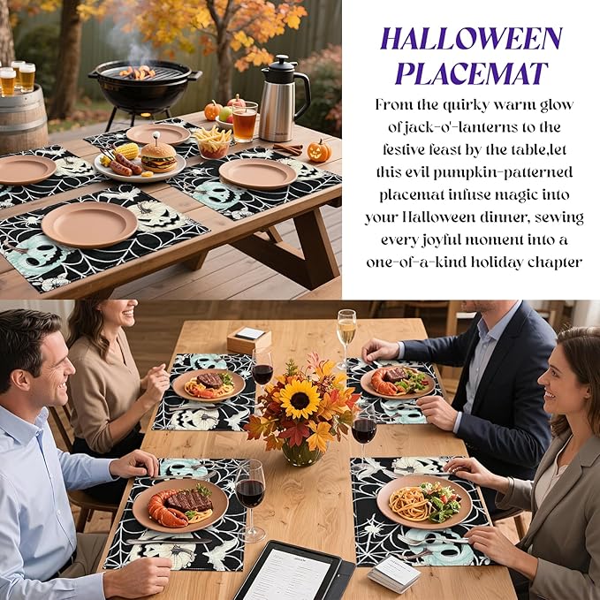 Bloss Pumpkins Spider Web Halloween Placemats Set of 4-12x18Inch Heat Resistant Place Mats,Halloween Tables Mats for Dining Table Decorations,Seasonal Place Mats Decor for Home/Party