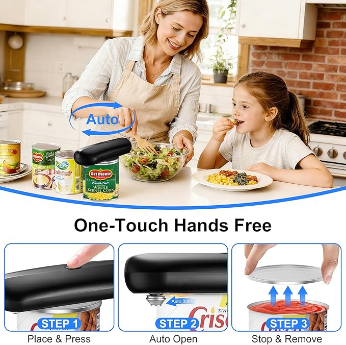 Electric Can Opener, Automatic Hands-Free Can Opener with Smooth Edge, One-Touch Operation USB Rechargeable, for Seniors, Arthritis Sufferers, Kitchen and Camping Use, Replaceable Blade (Black)