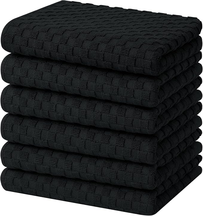 Homaxy 100% Cotton Terry Kitchen Towels(15" x 25", 6 Pack), Soft and Super Absorbent Dish Towels, 380 GSM Reusable Tea Towel with Hanging Loop, Pineapple Grid Designed, Black
