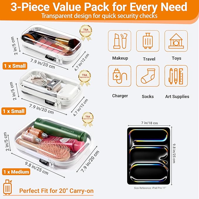 YQBRAO 3 Pack Clear Hard Shell Zipper Case, 1.2mm Heavy Duty Crush-Proof Travel Makeup Bag, TSA Approved Toiletry Organizer for Diaper Bag, Art Supplies, Toys & Electronics, Multi-Size Set
