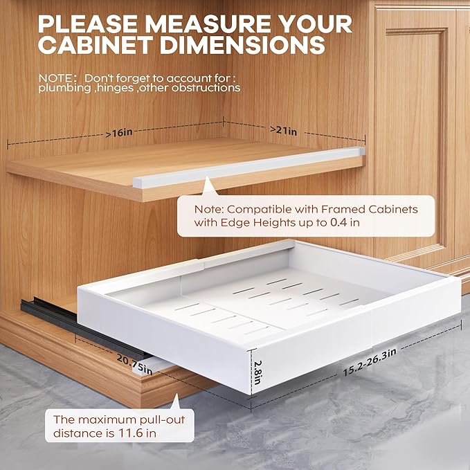Seinloes 2 Pack Expandable Pull Out Cabinet Organizer 21"Deep With Raising Pad for Framed Cabinets,Upgrade 3 Slide Rails Slide Out Drawers,Roll Out Shelves Adhesive,Adjustable Width 15.15"-26.3" White