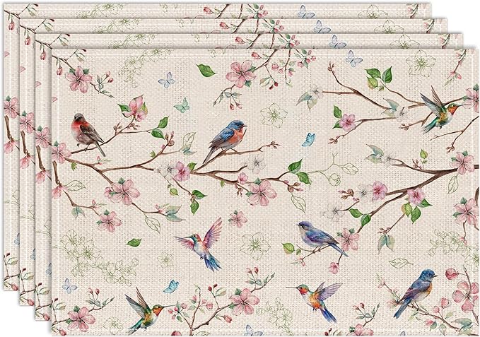 Spring Placemats Set of 4 12x18 inch for Dinning Table - Floral Bird Branch Spring Decor for Party, Dinner - Farmhouse Seaosonal Table Mats Floral Decroations for Home