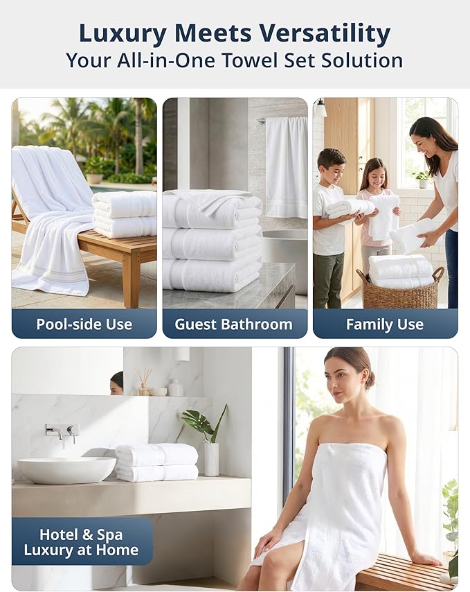 LANE LINEN 100% Cotton 4 Pack Bath Towels (28"x54") - Zero Twist, Cotton - Large Towels for Bathroom - Quick Drying, Highly Soft & Absorbent Shower Towel Set - Hotel & Spa Quality - White Towel Set