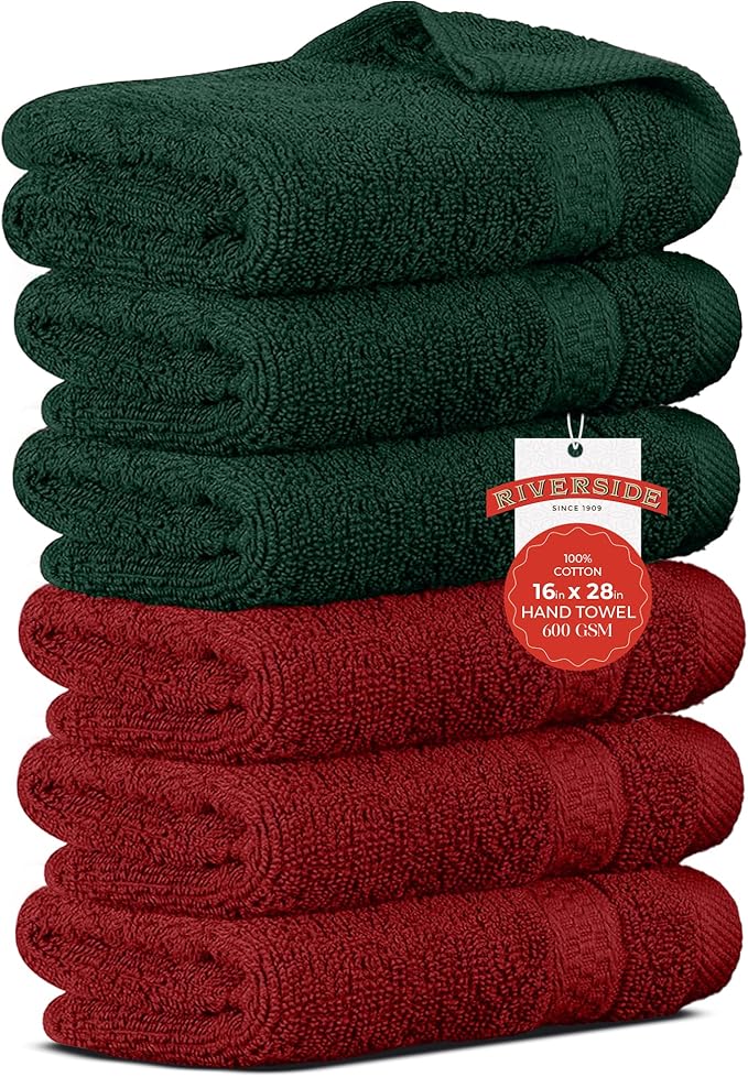 RIVERSIDE 6 Pack Premium Christmas Hand Towels Set, 16x28 inches, 100% Ring Spun Cotton, 600 GSM, Soft, Quick Dry and Highly Absorbent, Towels for Bathroom, Kitchen, Gym, Spa, Red and Hunter Green
