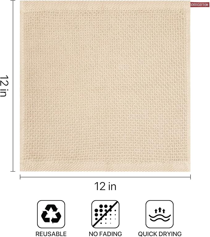 100% Cotton Waffle Weave Kitchen Towels, 6 Pack Dish Cloths for Washing Dishes, Ultra Soft Absorbent Dish Towels, Quick Drying Kitchen Rags, 12x12 Inches, Beige