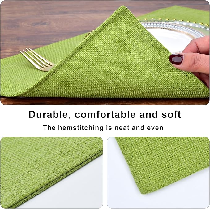 SLKQG Green Linen-Look Placemats Set of 6, Heat Resistant & Machine Washable Double-Layered Cloth Placemats for Dining Table, Indoor/Outdoor Use, Non-Slip Kitchen Table Mats (6, Green)