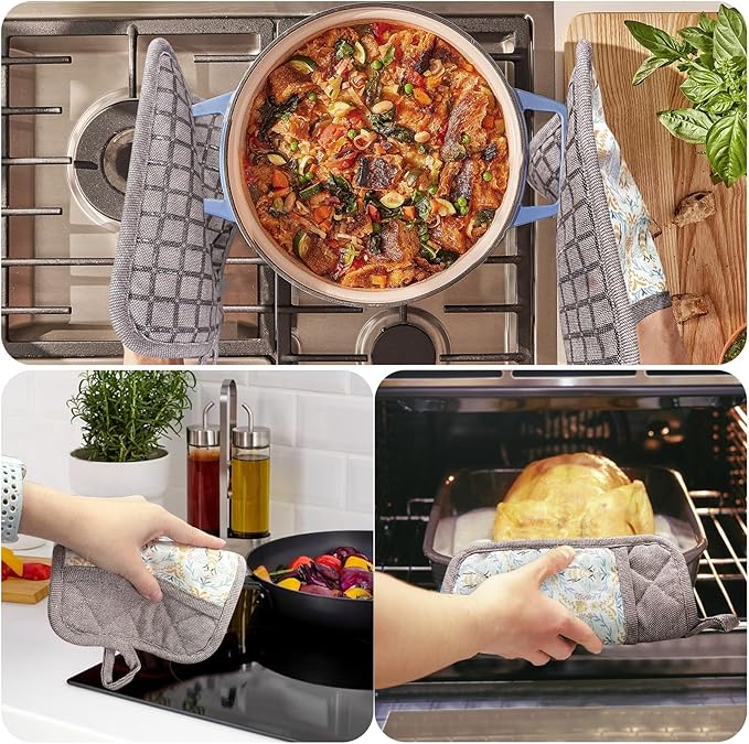 Pot Holders Set of 3 Silicone Printing Non Slip Heat Resistant, Yarm-Dyed Hot Pads Cotton Home Kitchen Cooking Barbecue Microwave Women Men Machine Washable BBQ Grilling. (Khaki Potholdes)
