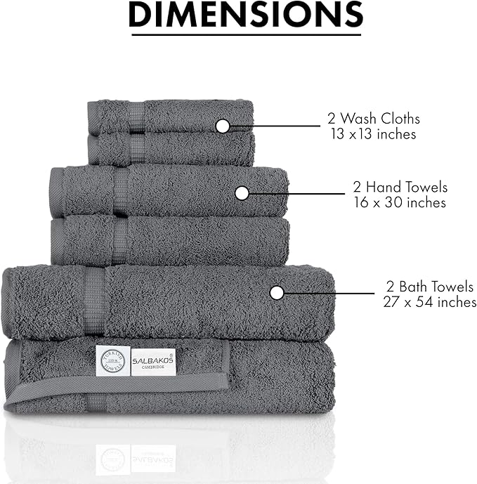 SALBAKOS 100% Turkish Cotton Towel Set of 6 Piece Gray | Premium Quality Hotel & Spa Collection 2 Washcloth, 2 Hand, 2 Bath Towel Sets for Bathroom | Made in Turkey (Gray, 6 Piece Towel Set)