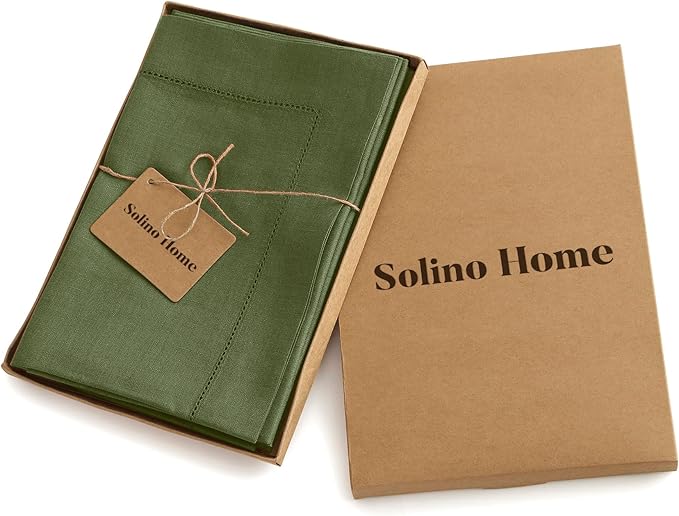 Solino Home Linen Cloth Napkins Set of 4-100% Pure Linen Olive Dinner Napkins 20 x 20 Inch - Classic Hemstitch, Handcrafted and Machine Washable