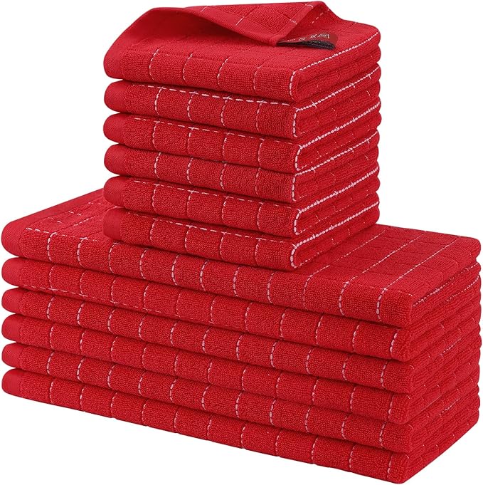 Homaxy Kitchen Towels and Dishcloths Set, 12 x 12 and 13 x 28 Inches, Set of 12 Bulk Cotton Terry Kitchen Towels Set, Checkered Designed, Soft and Super Absorbent Dish Towels, Red