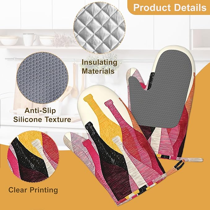 Red Wine Bottle Oven Mitts and Pot Holders Sets,Silicone Kitchen Mitts Potholders Heat Resistant 4Pcs Oven Gloves Hot Pads for Kitchen Baking Cooking