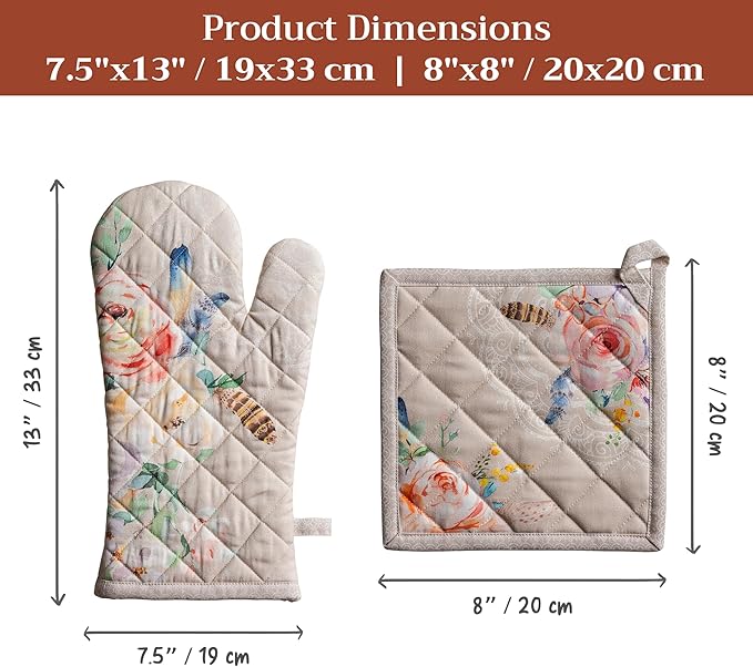 Maison d' Hermine 100% Cotton Oven Mitt & Pot Holder Set (7.5"x13" & 8"x8") Heat Resistant BBQ Cooking Gloves with Loop Baking Grilling Kitchen Gifts for Mothers Day Spring/Summer (Ibiza - Beige)