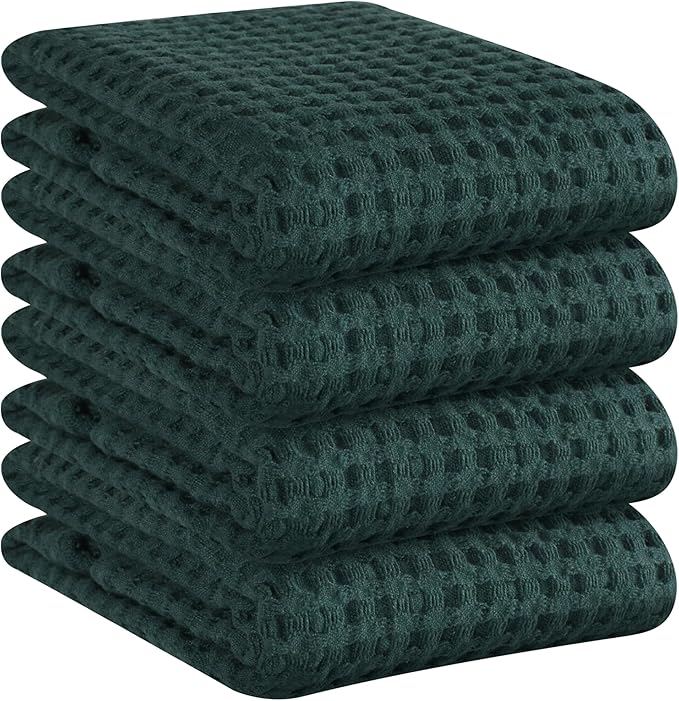 Native Fab 100% Cotton Premium Waffle Kitchen Towels, 4 Pack, 16" x 26", Super Absorbent Reusable Cleaning Cloths, Tea Towels, Machine Washable Hand Towels, Olive Green