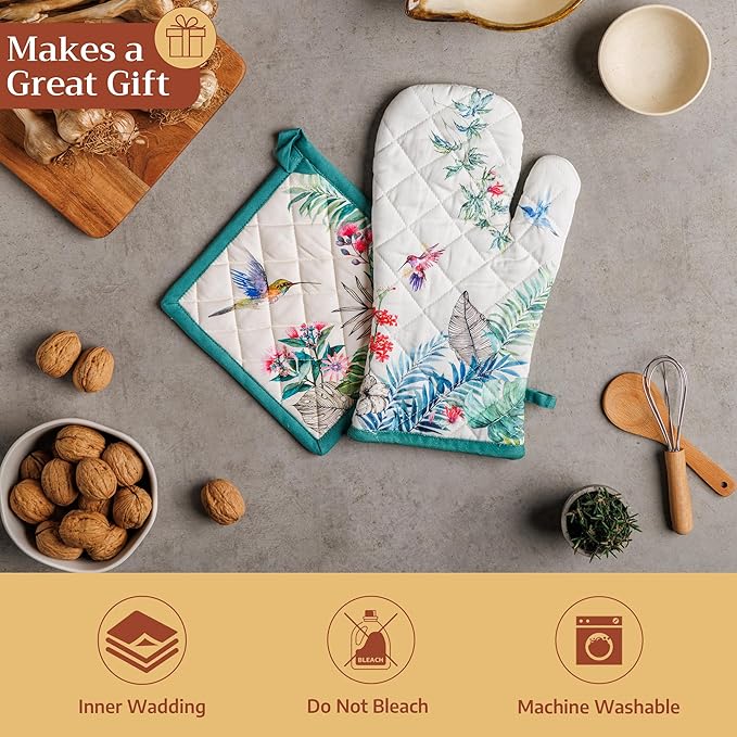 Maison d' Hermine Pot Holders 100% Cotton Heat Resistant Potholders 8" x 8" Hot Pads with Loop BBQ Cooking Baking Gifts for Mothers Day Handling Hot Pans Spring/Summer (Pack of 1, Tropiques)