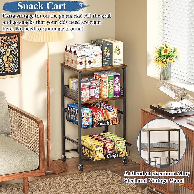 OKZEST 4 Tier Rolling Cart with Drawer Baskets, Metal Utility Storage Cart with Wheels and Wood Top for Living Room, Kitchen, Home Office, Bedroom, Pantry, Baby Essential, Makeup, Snack, Craft, Black