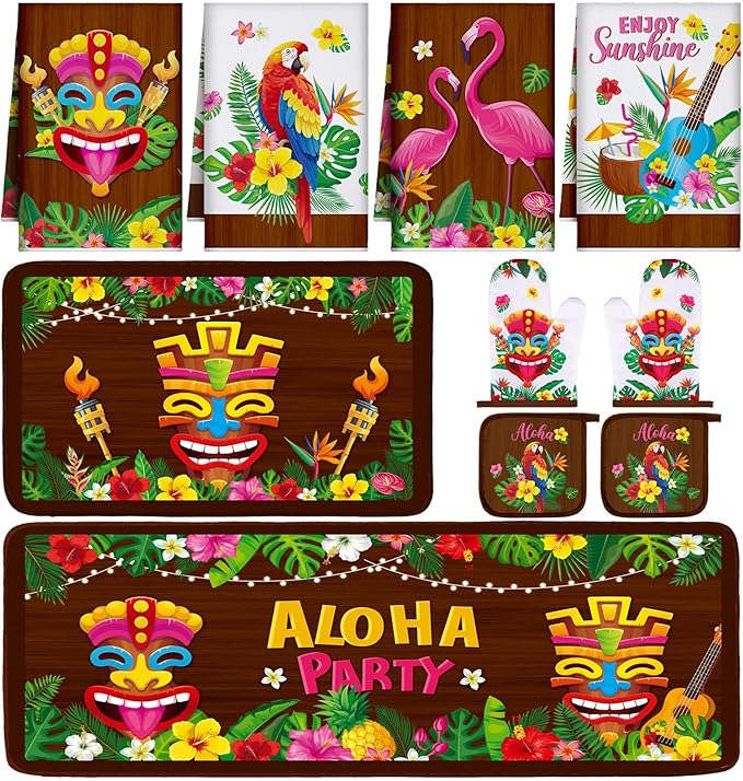 Fourluoo 10 Pcs Hawaii Kitchen Towels Oven Mitts and Pot Holder Luau Aloha Kitchen Set Decor Flower Tropical Palm Rugs and Mats Parrot Flamingo Dish Towels for Summer Chef Baking Cooking Grilling BBQ