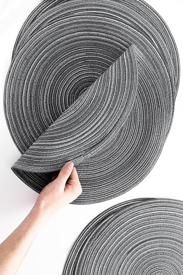 Floroom 15 Inch Round Braided Placemats Set of 6, Washable Heat Resistant Cotton Polyester Circle Place Mats for Kitchen Dining Table - Mist Grey