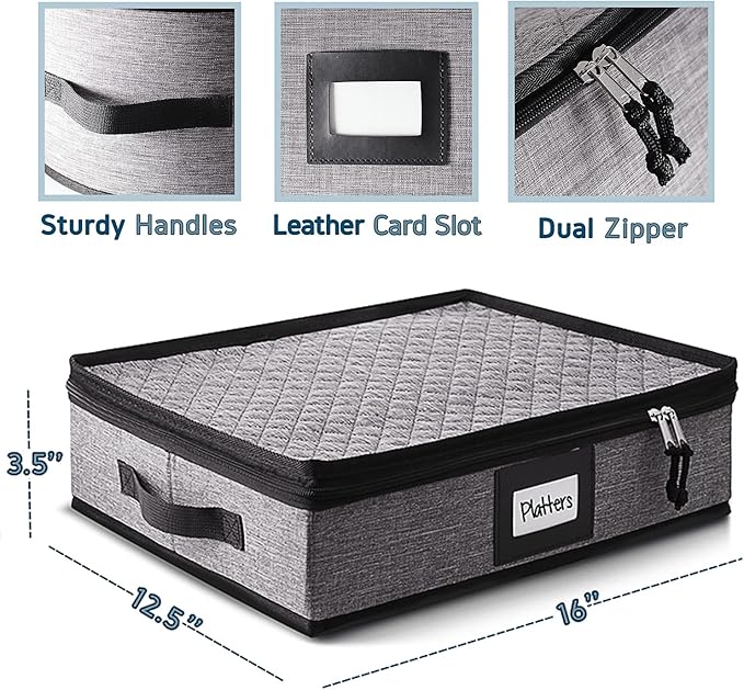 Platter Storage Case – Fine China Storage Containers Hard Shell, Quilted and Stackable 16”x 12.5”x 3.5” Platter Storage Container with Handles and Felt Dividers for Moving and Seasonal Storage, Grey