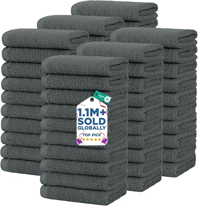 DAN RIVER 60 Pack Wash Cloths for Showering [12x12] - 100% Cotton Washcloths Premium Quality Flannel Face Cloths for Bathroom, Highly Absorbent and Soft Feel Wash Clothes, Grey