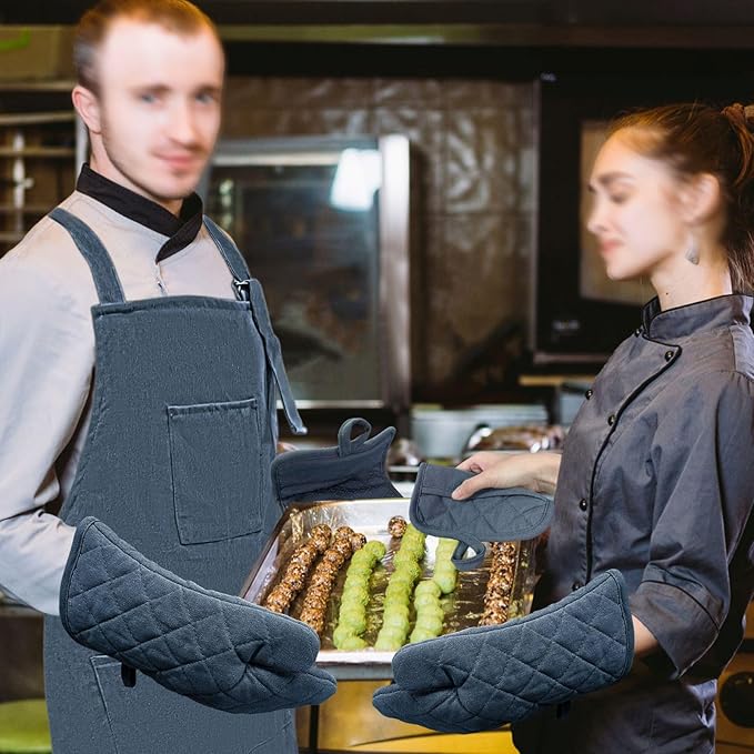 Oven Mitts and Pot Holders with Cooking Apron Set of 5, Heat Resistant Kitchen Gloves and Silicone Non-Slip Potholders, Adjustable Neck Buckle Chef Apron, Cotton Nice Design for Cooking （Navy…