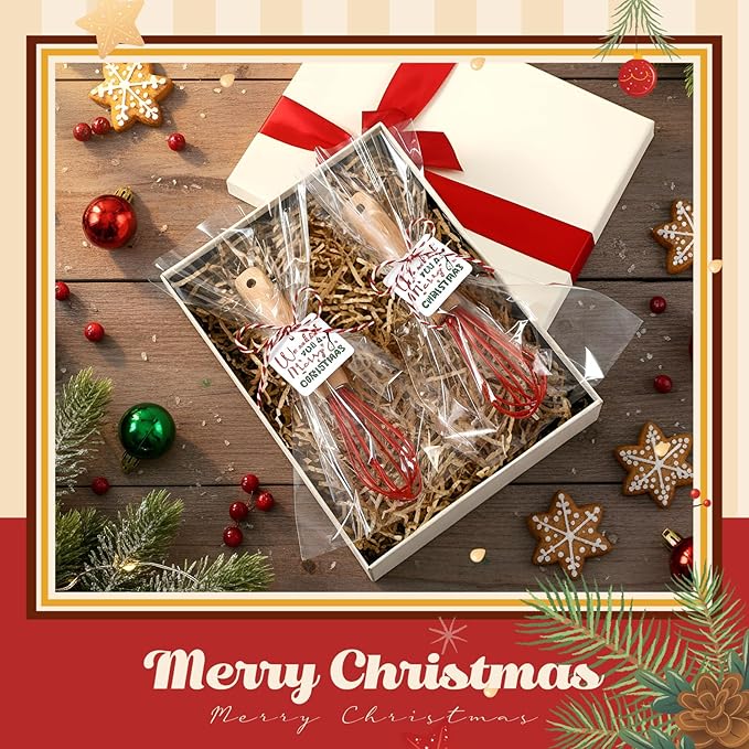Baderke 20 Sets Baking Gifts Set Includes 8 Inch Silicone Whisk with Wood Handle Wired Stainless Steel Whisk Set Greeting Cards Plastic Bags for Party Birthday Christmas Stuffers Gift(Red)