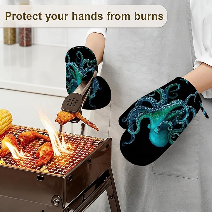 Oven Mitts and Pot Holders Green Octopus Silicone Kitchen Accessories Set of 4 Heat Resistant Gloves Potholder Non-Slip Grip for Chef Cooking Baking Grilling BBQ