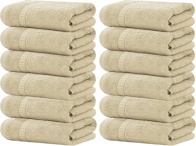 GOLD TEXTILES Luxury Wash Cloths Set of 12, Sand (13x13 Inches) 100% Ring Spun Cotton, Premium Feel with High Absorbancy Ideal Washcloths for Bathroom,Salon, Spa and Gym