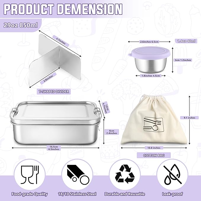 HaWare Lunch Box, 29oz (850ML) Stainless Steel Bento Box with Condiment Container and Carrying Bag, 3 Compartment Food Container for Kids and Adults, Leak-Proof Metal Snack Box, Dishwasher Safe
