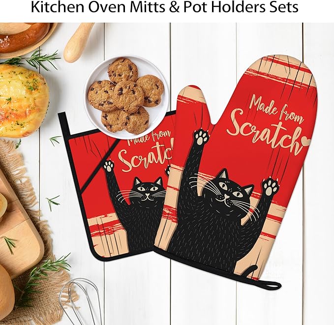 Funny Cat Oven Mitts and Pot Holders Sets Red Black Kitchen Decor Cute Cat Kitchen Accessories Funny Cat Gifts House Warming Birthday Cooking Gifts for Women (Red, Oven Mitts & Pot Holders)