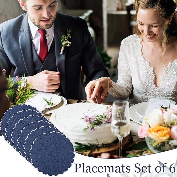 Set of 6 Round Placemats 15 Inch Cotton Scalloped Embroidery Placemat Washable Double Layered Rustic Dinner Table Mat Decor Fabric for Hotel Restaurant Kitchen(Navy Blue/White,Classic)