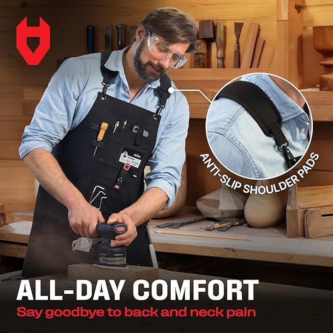 NoCry Woodworking Apron for Men — Reinforced Pockets with Metal Rivets, Magnetic Holder & Leather Tool Loops — Shop Aprons for Men with Cross-Back Straps, Non-Slip Shoulder Pads & Quick-Release Buckle