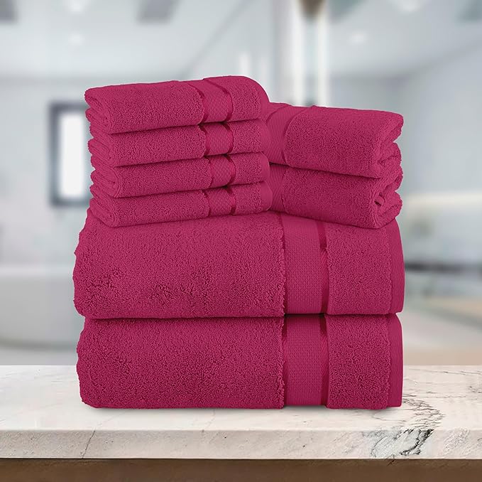 Elegant Comfort Premium Cotton 8-Piece Towel Set, Includes 4 Washcloths, 2 Hand Towels and 2 Bath Towels, 100% Turkish Cotton - Highly Absorbent and Super Soft Towels for Bathroom, Hot Pink