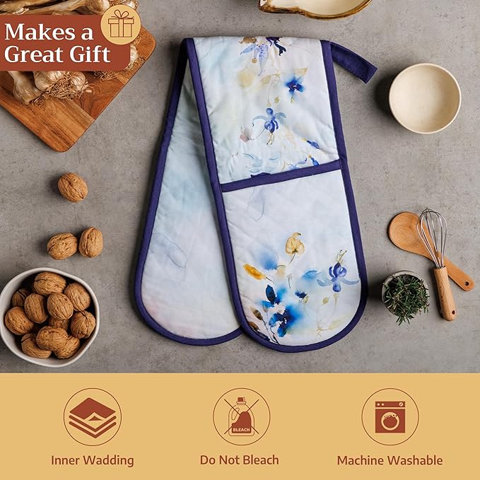 Maison d' Hermine Double Oven Mitts 100% Cotton 7"x35" Double Oven Mitt Heat Resistant BBQ Cooking Gloves with Loop Baking Grilling Gifts for Mothers Day Spring Summer (Lazy Summer Days)