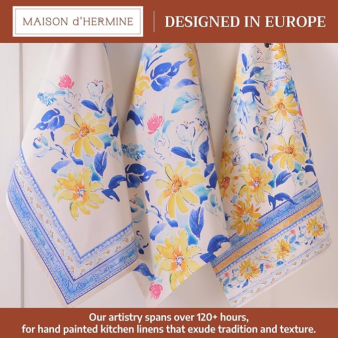 Maison d' Hermine Kitchen Towels Set of 3 100% Cotton 27.50" x 20" Reusable Cloth Tea Dish Towels Absorbent with Hanging Loop for Kitchen Gifts for Mothers Day Spring/Summer (Girassol)