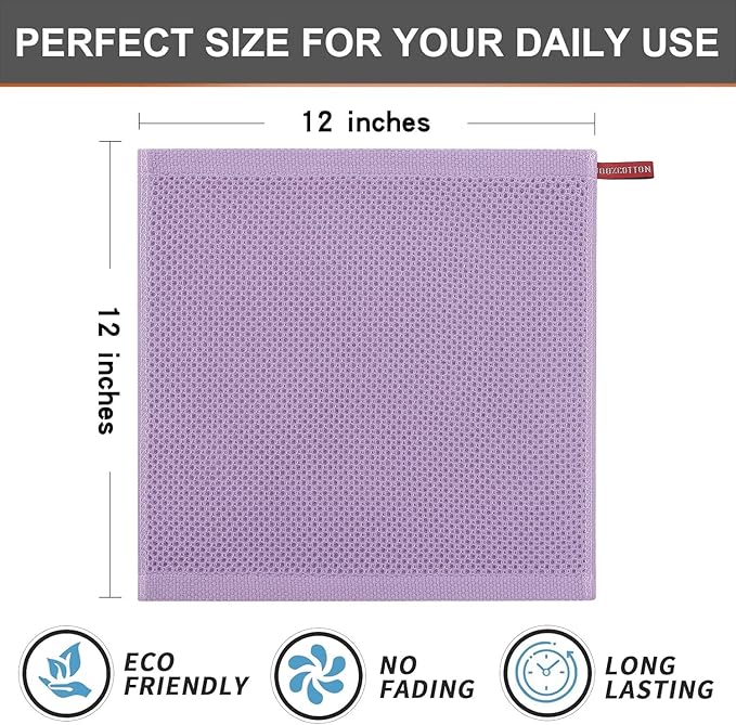 Kitinjoy 100% Cotton Kitchen Dish Cloths (12 X 12 Inches, Lavender), 12 Pack Waffle Weave Ultra Soft Absorbent Dish Towels for Drying Dishes Quick Drying Kitchen Towels Dish Rags