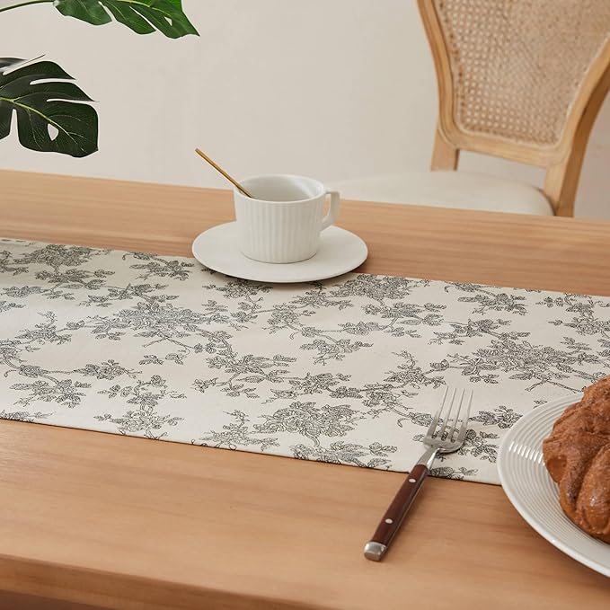 100% Cotton French Pastoral Table Runners, 13x108 Inch Black Farmhouse Table Runners 108 Inches Long, Vintage Flowers Print Home Decors
