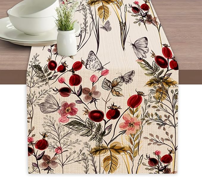 Table Runner Vintage Flower Butterfly Table Runners Summer Seasonal Kitchen Dinning Decor for Indoor Outdoor Holiday Home Wedding Party 13x70 Inch