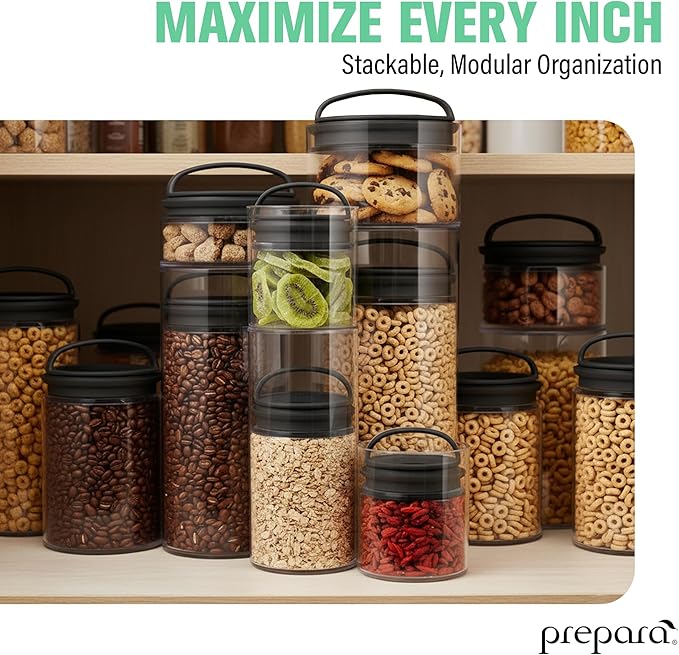 Prepara Evak Fresh Saver Short Airtight Containers, Large - Black Handle with Patented Twin-Valve System, BPA Free Stackable Storage Canisters for Pantry Organization - Dishwasher Safe (2-Pack)