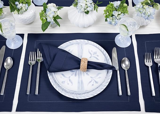 Solino Home Linen Cloth Placemats Set of 6-100% Pure Linen Hemstitch Navy Blue Placemats 14 x 19 Inch - Classic Hemstitch Table Place Mats for Mothers Day, Memorial Day