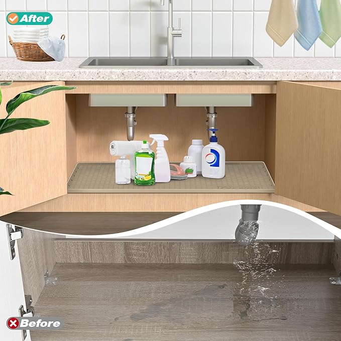 Waterproof Under Sink Mat 22" x 19", Silicone Cabinet Liner, Rubber Protector for Kitchen and Bathroom, Keeps Cabinets Clean, Dry, and Organized (Brown)