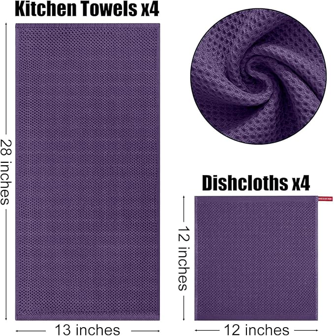 Kitinjoy 100% Cotton Kitchen Towels and Dishcloths Set, 8 Pack-13" x 28" and 12" x 12" Waffle Weave Dish Towels, Ultra Soft Absorbent Quick Drying Dish Rags, Eggplant