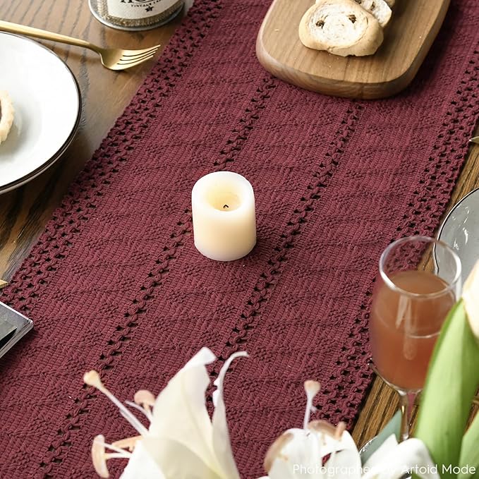 Artoid Mode Red Farmhouse Woven Rustic Hollow Table Runner, Seasonal Holiday Hollow Kitchen Dining Table Decoration for Home Party Decor 12x120 Inch