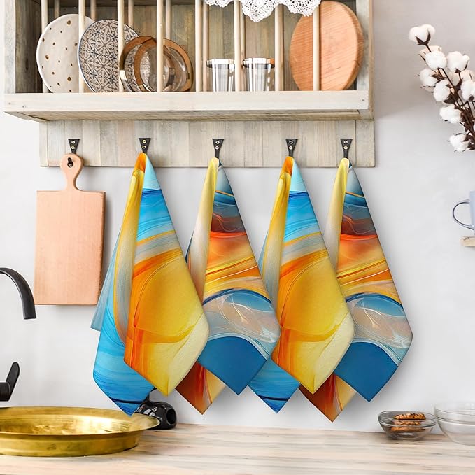 Orange Blue Kitchen Dish Towels Set of 4, Soft Absorbent Marble Decorative Tea Towels Hand Drying Baking Cooking Cloth for Kitchen Orange Blue Decor