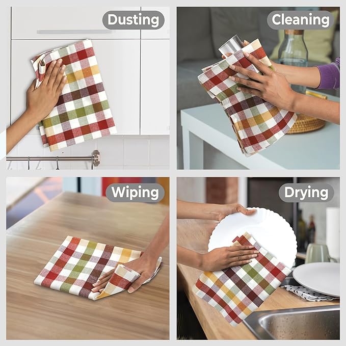 Urban Villa Kitchen Towels 100% Cotton Dish Towels for Kitchen (Set of 6) 20”x30” Dish Cloths Highly Absorbent Kitchen Linen Set with Hanging Loop Perfect for Drying Dishes Cleaning – Harvest Checks