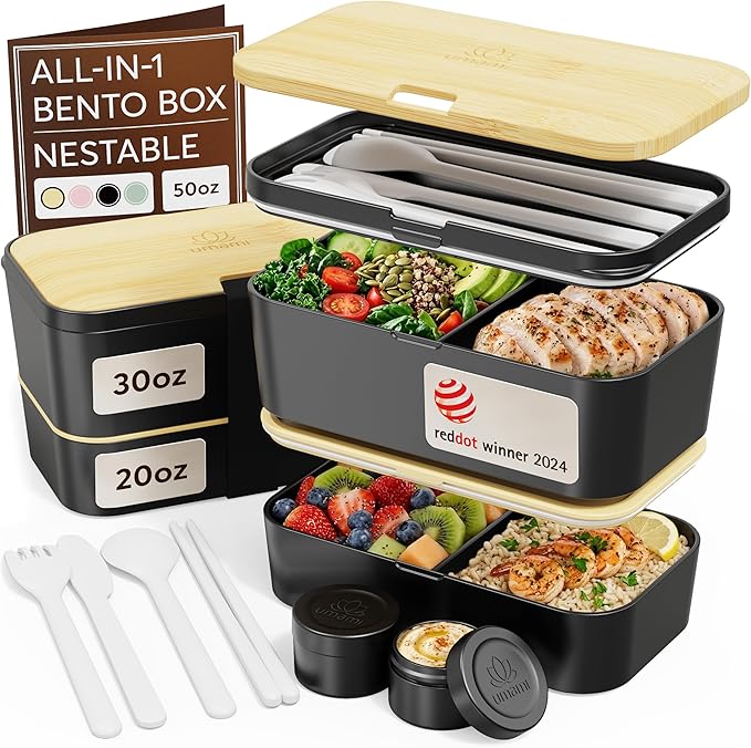 Umami Bento Box All-in-1 w/ 4 Utensils, 100% Leakproof, Dishwasher & Microwave Safe Lunch Containers for Adults w/ 4 Compartments, Black & Tan, 50 oz