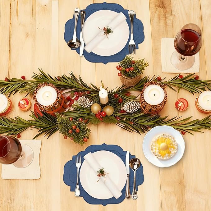 Cotton Linen Oval Placemats Set of 4, HADEEONG Table Mats Cloth Placemats, Washable Wrinkle Resistance, Scalloped & Embroidered Fabric Placemats, 17.71 x 13.77 inch (Navy Blue, 4)