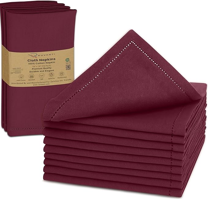 Ruvanti Cloth Napkins Set of 12, 100% Cotton High GSM 18x18 Inches, Hem Stitched Corners, Soft, Washable, Highly Durable & Absorbent, Perfect for Parties, Christmas, Thanksgiving Dinners – Burgundy