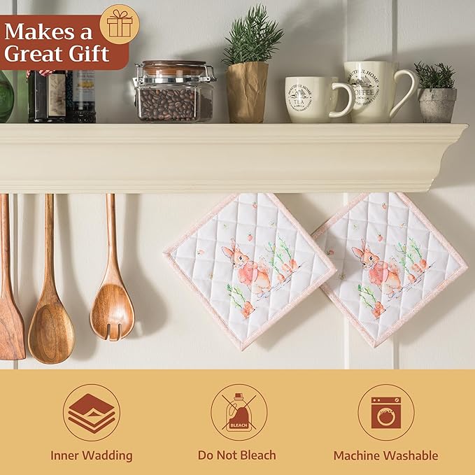 Maison d' Hermine Pot Holders 100% Cotton Heat Resistant Potholders 8" x 8" Hot Pads with Loop BBQ Cooking Baking Gifts for Mothers Day Handling Hot Pans Spring/Summer (Pack of 2, Bunny Party)